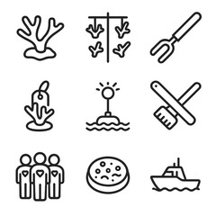 Restoration Efforts Icons. Outline icon set of restoration efforts: coral fragment, nursery frame, transplantation tool, growth