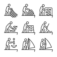 Deck Activity Icons. Outline icon set of deck activities: hauling net, mending net, checking catch, sorting fish, stacking crates,