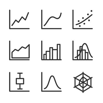 Data Visualization Icons. Outline icon set of data visualization trends: line chart, smoothed trend line, scatter plot with fit,