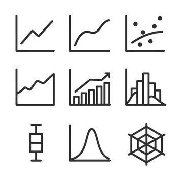 Data Visualization Icons. Outline icon set of data visualization trends: line chart, smoothed trend line, scatter plot with fit,