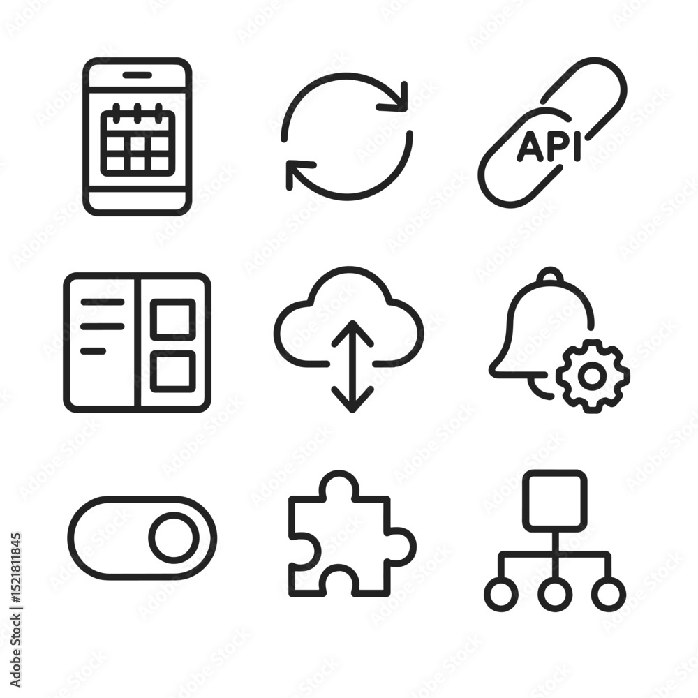Poster scheduling apps icon set. outline icon set of scheduling apps and integrations: smartphone calendar,