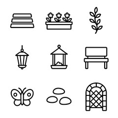 Garden Walkway Icons. Outline icon set of garden skybridge walkway: wooden planks, planter railing, climbing vine, hanging lantern