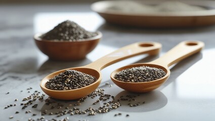 Two wooden measuring spoons filled with black chia seeds on a light surface, with scattered seeds and a bowl in the background. Ideal for nutrition, healthy eating, and superfood concepts.