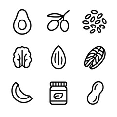 Healthy Fats Icons. Outline icon set of healthy fat sources: avocado half, olive branch, flax seeds, chia seeds, walnut, almond,