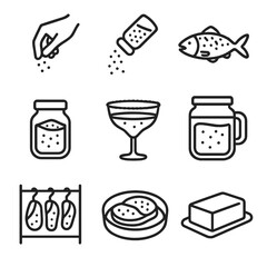 Salt-Themed Icon Set. Outline icon set of salt in cooking: pinch pinch, seasoning sprinkle, salt crusted fish, salted caramel jar,