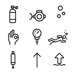 Scuba Diving Safety Icons. Outline icon set of scuba dive gasp malfunction: scuba tank, regulator, mouthpiece, escaping bubbles,