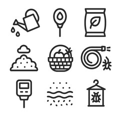 Gardening Tools Icons. Outline icon set of harvesting and care routines: watering can, moisture meter, fertilizer bag, compost