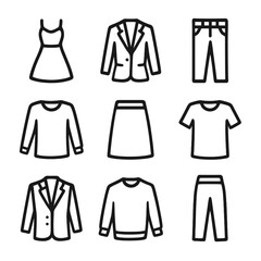 Garment Icon Grid. Outline icon set of garment types to try on: dress, blazer, jeans, blouse, skirt, t-shirt, suit jacket, sweater
