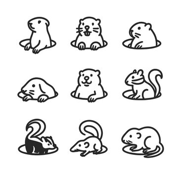 Small Mammal Burrows Icons. Outline icon set of small mammal burrows: prairie dog, gopher, vole, mole, groundhog, chipmunk, skunk,