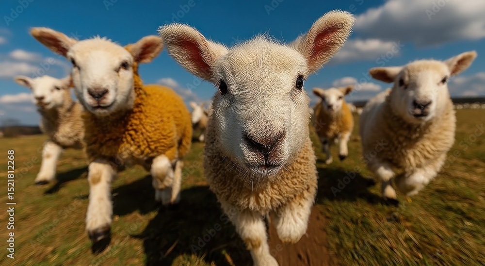 Poster Lambs Running Towards Camera in Field, Representing Springtime Joy and New Beginnings for Animal Welfare Campaigns : Generative AI