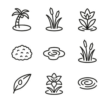 Hydration Icon Set. Outline icon set of hydration in nature: oasis palm, marsh reed, bog lily, moss cushion, puddle reflection,