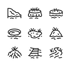 Swamp Terrain Icons. Outline icon set of swamp terrain features: mud bank, peat bog, floating mat, sinkhole, backwater pool,