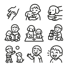 Kids and Pets Icons. Outline icon set of kids and pet interaction: child hand, pet paw, hug gesture, feeding cup, storybook, play