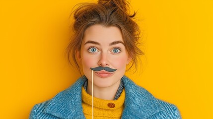 Woman Plays With A Funny Mustache Prop Playful Portrait Features A Whimsical Face