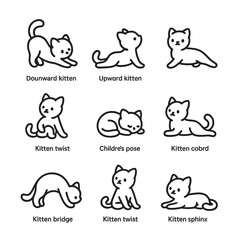 Fototapeta premium Kitten Yoga Icons. Outline icon set of kitten yoga poses: downward kitten, upward kitten, kitten plank, kitten twist, kitten child