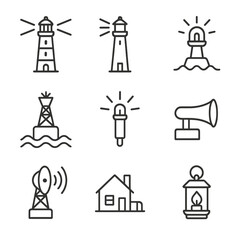 Lighthouse Icon Set. Outline icon set of lighthouse and beacons: classic lighthouse, modern tower, beacon light, warning buoy,