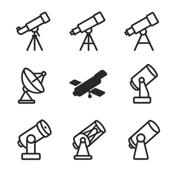 Telescope Icon Set. Outline icon set of telescope types and designs: refractor telescope, reflector telescope, catadioptric