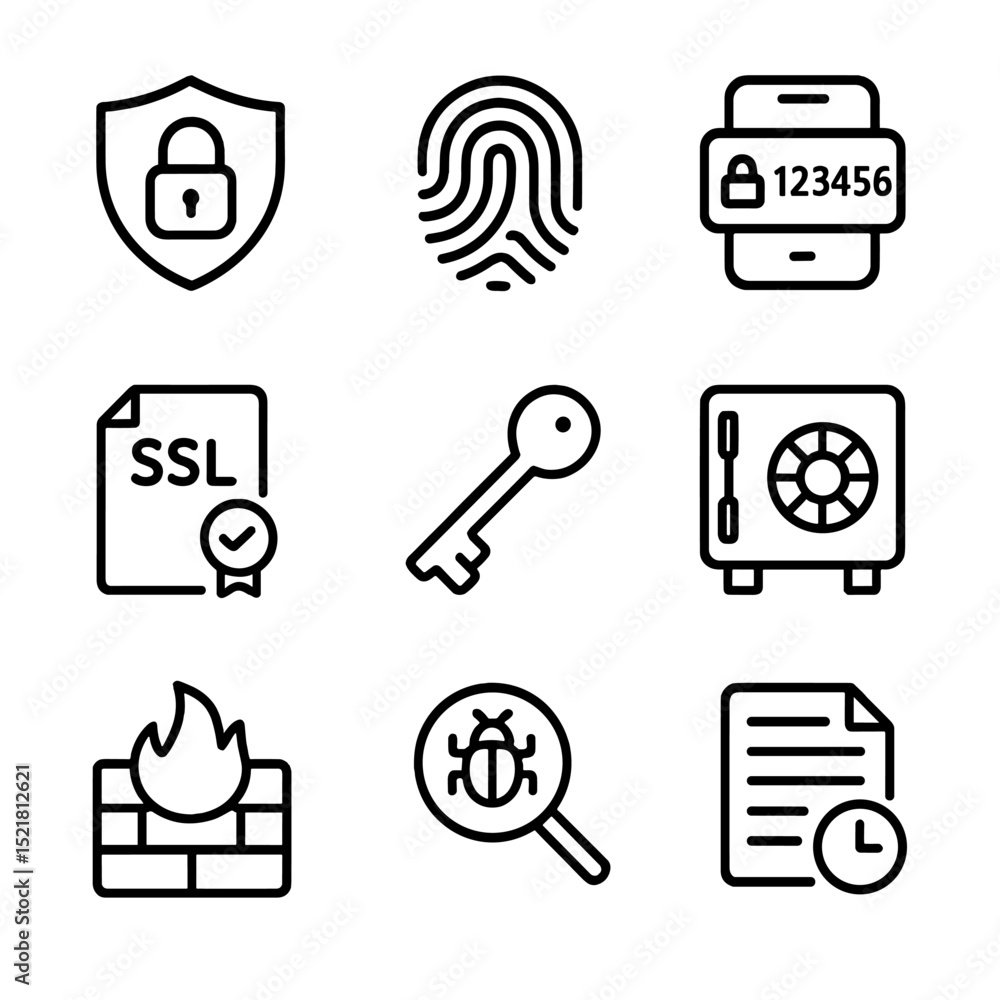 Poster security icon set. outline icon set of security and authentication features: shield padlock, biometr