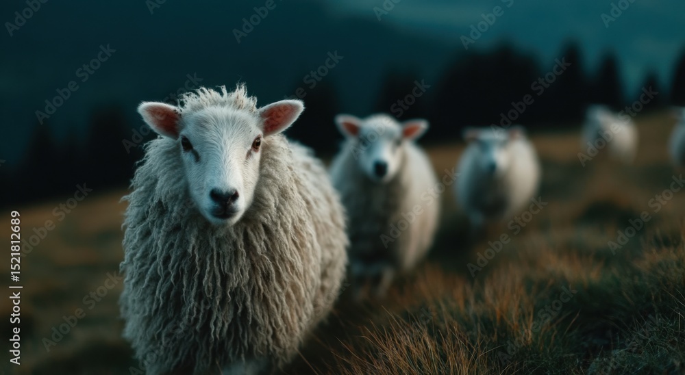 Poster flock of sheep grazing in a field at dusk, showcasing animal husbandry and sustainable agriculture p