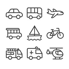 Transport Vehicle Icons. Outline icon set of transport vehicles coloring worksheet: car, bus, airplane, train, boat, bicycle, fire