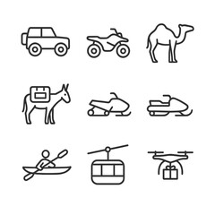 Transportation Icon Set. Outline icon set of transportation methods: off-road vehicle, ATV, camel, pack mule, snowmobile,