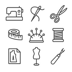 Sewing Icon Set. Outline icon set of sewing and tailoring: sewing machine, needle and thread, fabric scissors, measuring tape, pin
