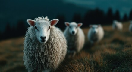 Fototapeta premium Flock of Sheep Grazing in a Field at Dusk, Showcasing Animal Husbandry and Sustainable Agriculture Practices : Generative AI
