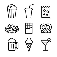 Movie Snack Icons. Outline icon set of movie snacks and drinks: popcorn bucket, soda cup, candy box, nacho plate, chocolate bar,