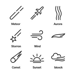 Sky Phenomena Icons. Outline icon set of sky streak phenomena: meteor streak, jet contrail, aurora ribbon, shooting star, wind