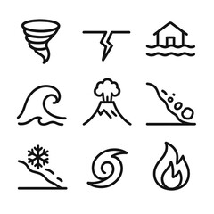 Obraz premium Natural Disaster Icons. Outline icon set of natural disaster warnings: tornado silhouette, earthquake fault line, flood wave,