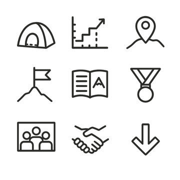 Mountaineering Icons Grid. Outline icon set of mountaineering milestones: base camp tent, acclimatization chart, altitude marker,