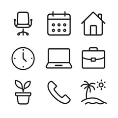 Work-Life Balance Icons. Outline icon set of work-life balance: office chair, calendar, home, clock, laptop, briefcase, plant,