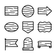 Wooden Sign Icons. Outline icon set of wooden sign shapes: rectangular plank, round plaque, oval board, arrow pointer, chevron