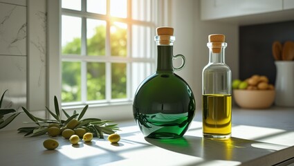 Dark green olive oil bottle on sunlit kitchen counter beside a clear, light-damaged bottle. Minimalist scene with fresh olives and natural lighting.