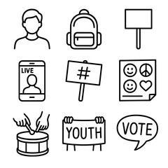 Youth Activism Icons. Outline icon set of youth activism gathering: teenager silhouette, backpack, protest sign, smartphone