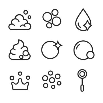 Soap Foam Icons. Outline icon set of soap foam & bubbles: foam mound, bubble cluster, suds drop, lather swirl, bursting bubble,