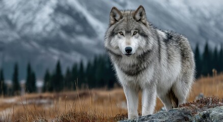 Obraz premium Gray Wolf Standing in Snowy Mountain Landscape, Illustrating Wildlife Conservation and Environmental Awareness, a Symbol of Wilderness and Untamed Nature : Generative AI