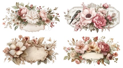 Vintage Floral Arrangements Create Romantic Designs Delicate Blossoms And Birds Adorn Old Paper
