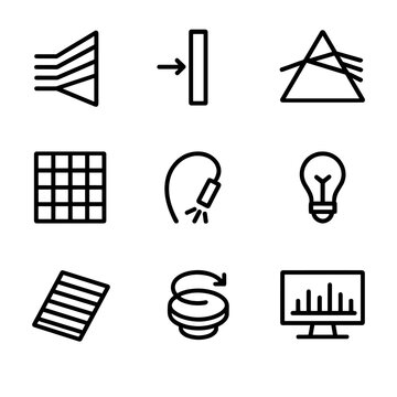 Spectroscopy Icon Set. Outline icon set of spectroscopic instrumentation: diffraction grating, spectrograph slit, prism, CCD