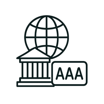 Minimal line art icon of global credit rating agency with classical building, globe, and AAA rating symbol