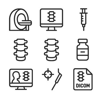 Spinal Imaging Icons. Outline icon set of spinal cord imaging: MRI scanner, CT scan, myelogram syringe, T1-weighted slice,
