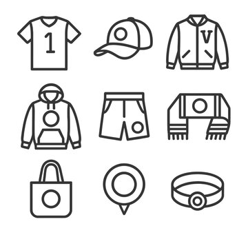 Sports Merch Icons. Outline icon set of sports-team merch fusion: jersey, team cap, varsity letterman, logo hoodie, sweatshorts,