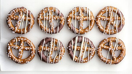 A visually perfect high-angle shot of chocolate-covered pretzels drizzled with white chocolate