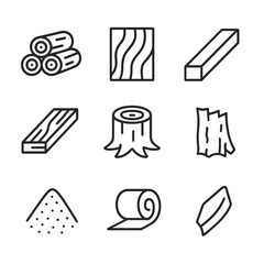 Timber Icon Set. Outline icon set of timber and wood: log stack, plywood sheet, lumber beam, wooden plank, tree stump, bark