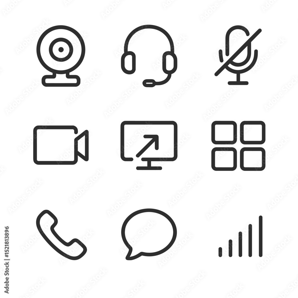 Poster video call icon grid. outline icon set of video calling tutorials: webcam, headset, microphone mute,