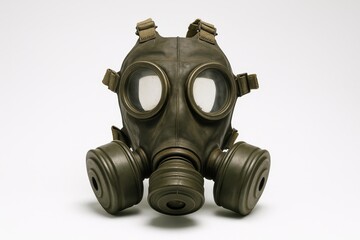 Intricate Design of a Vintage Gas Mask Set Against a Minimalist Backdrop Emphasizing Its Haunting Significance and Historical Context
