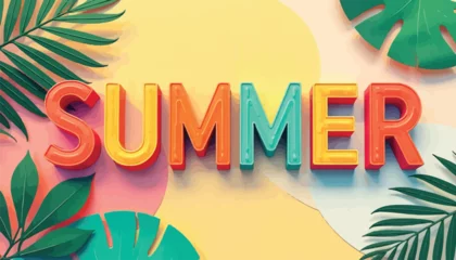 Fotobehang Vibrant Summer Typography with Tropical Leaves on a Warm, Colorful Background. © MdSafi