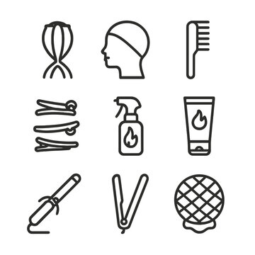 Wig Styling Essentials Grid. Outline line icon set of wig styling accessories: wig stand, wig cap, wig comb, hair clips,