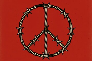 Powerful Symbol of Peace Entwined in Barbed Wire Against a Bold Red Backdrop Evokes Deep Emotions of Conflict and Resolution