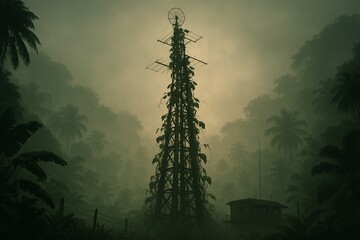 Mysterious Tower Shrouded in Mist Amidst Lush Tropical Jungle at Dawn Creating an Ethereal yet Haunting Atmosphere